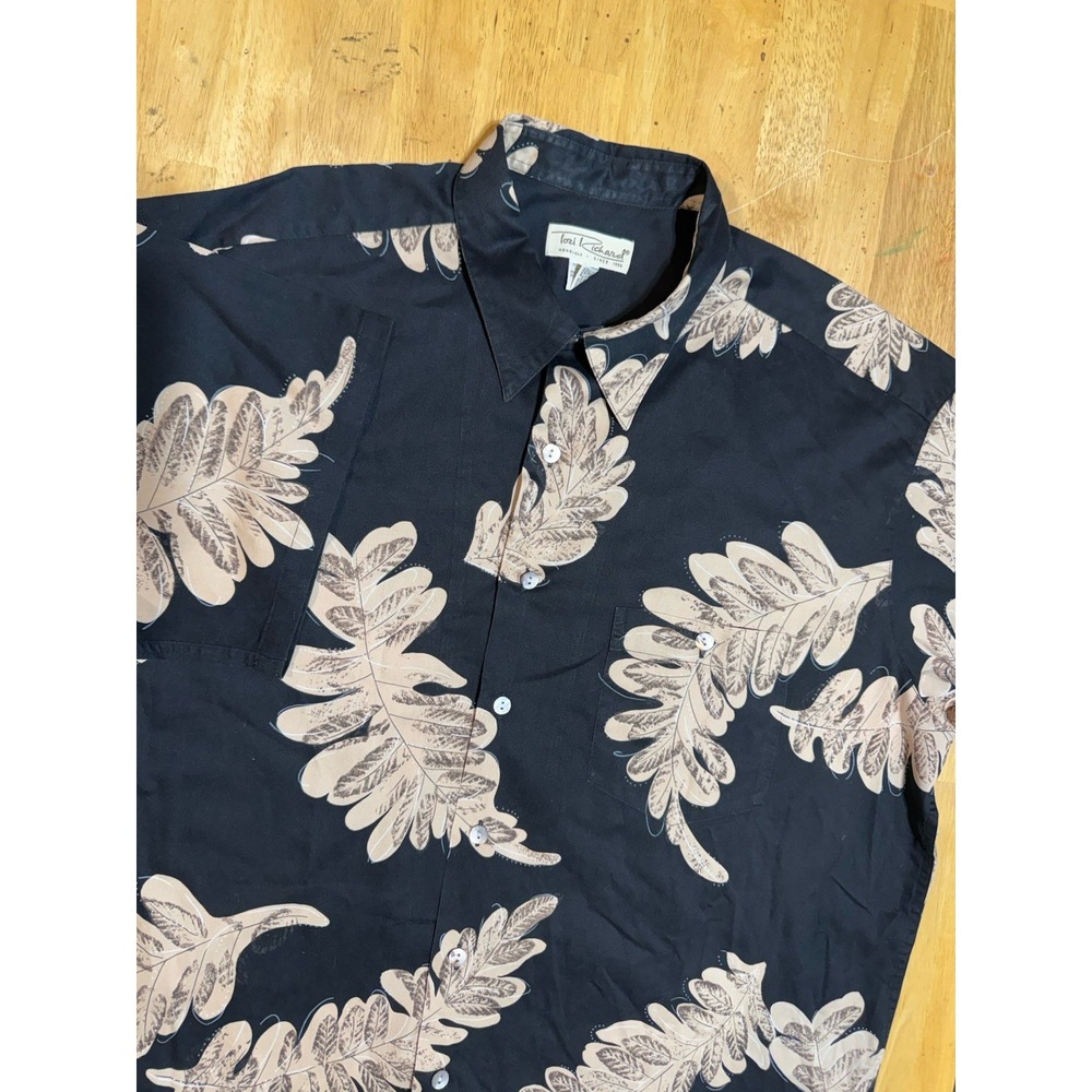 Tori Richard Shirt Mens 2XL Black Tan Tropical Leaf Hawaiian Aloha Cotton
